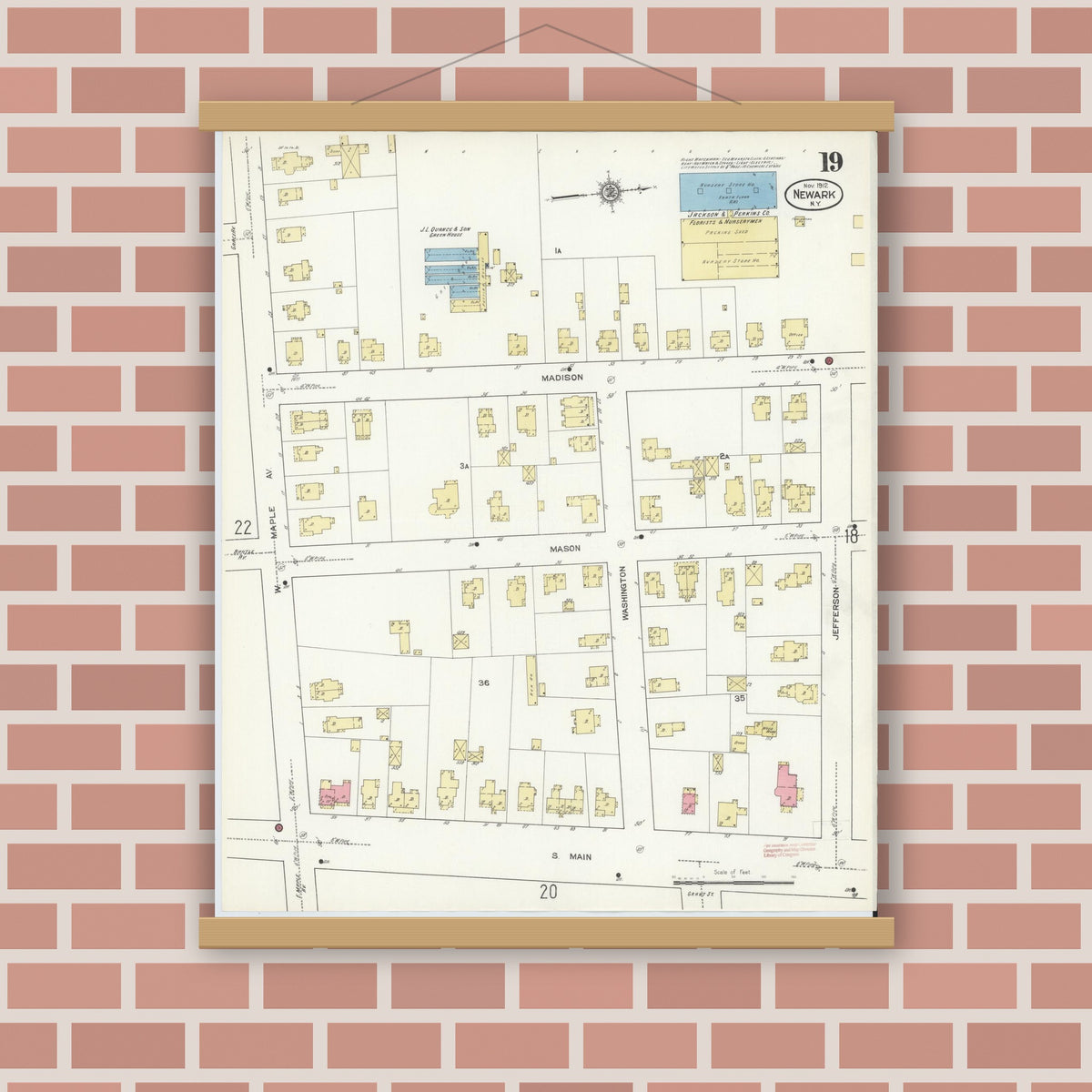Old map wall art mockup — magnetic wood frame on brick wall — Sanborn Fire Insurance Map from Newark, Wayne County, New York (1912), Sheet #0019