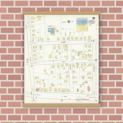 Old map wall art mockup — magnetic wood frame on brick wall — Sanborn Fire Insurance Map from Newark, Wayne County, New York (1912), Sheet #0019
