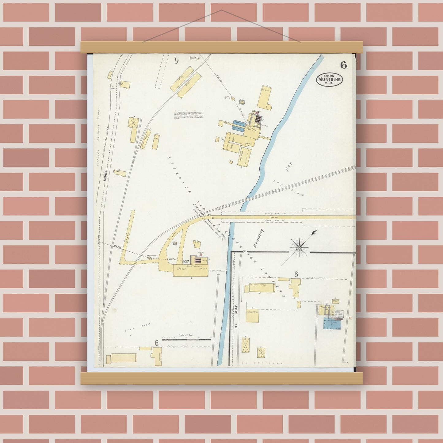 Old map wall art mockup — magnetic wood frame on brick wall — Sanborn Fire Insurance Map from Munising, Alger County, Michigan (1906), Sheet #0006