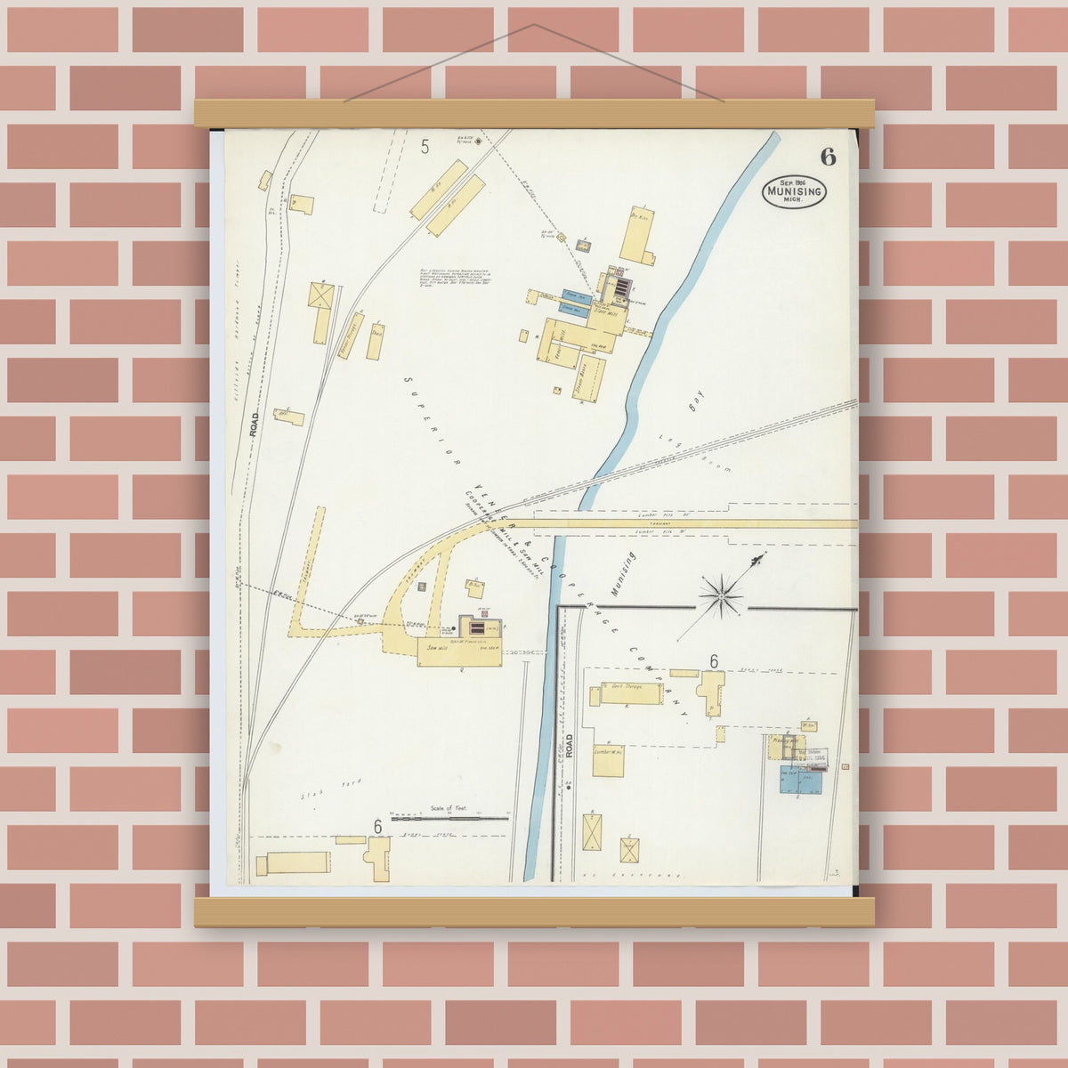 Old map wall art mockup — magnetic wood frame on brick wall — Sanborn Fire Insurance Map from Munising, Alger County, Michigan (1906), Sheet #0006