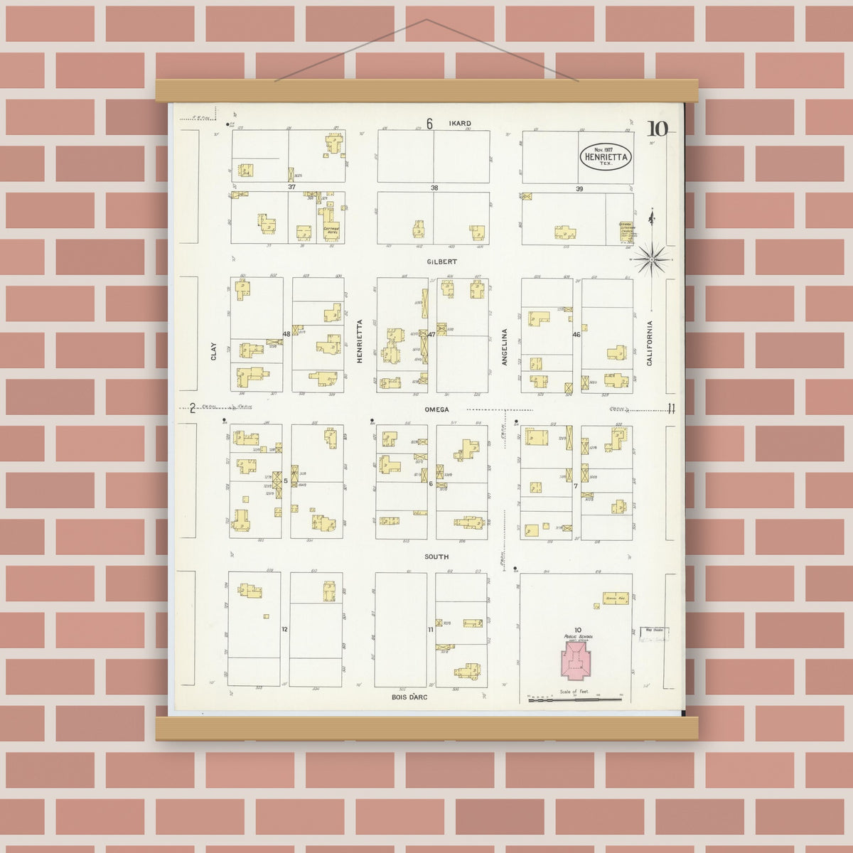 Old map wall art mockup — magnetic wood frame on brick wall — Sanborn Fire Insurance Map from Henrietta, Clay County, Texas (1907), Sheet #0010