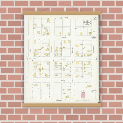 Old map wall art mockup — magnetic wood frame on brick wall — Sanborn Fire Insurance Map from Henrietta, Clay County, Texas (1907), Sheet #0010
