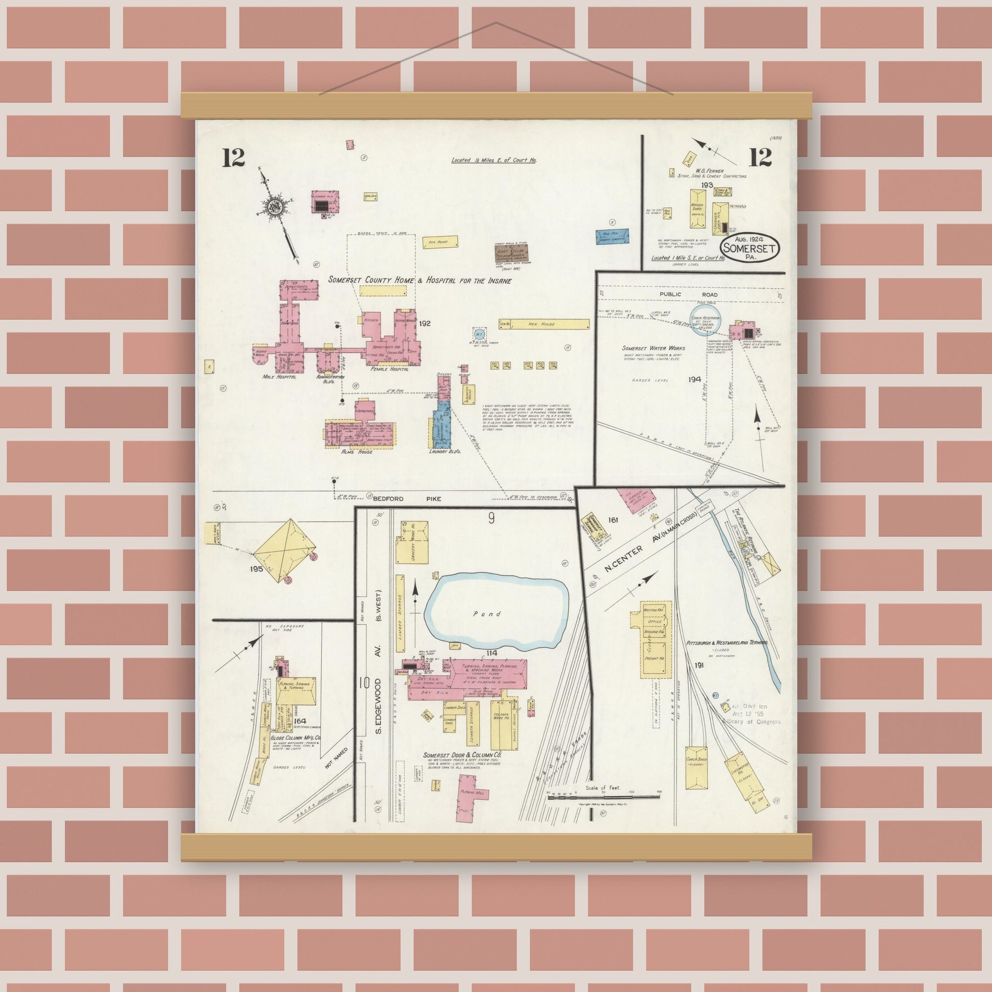 Old map wall art mockup — magnetic wood frame on brick wall — Sanborn Fire Insurance Map from Somerset, Somerset County, Pennsylvania (1924), Sheet #0012