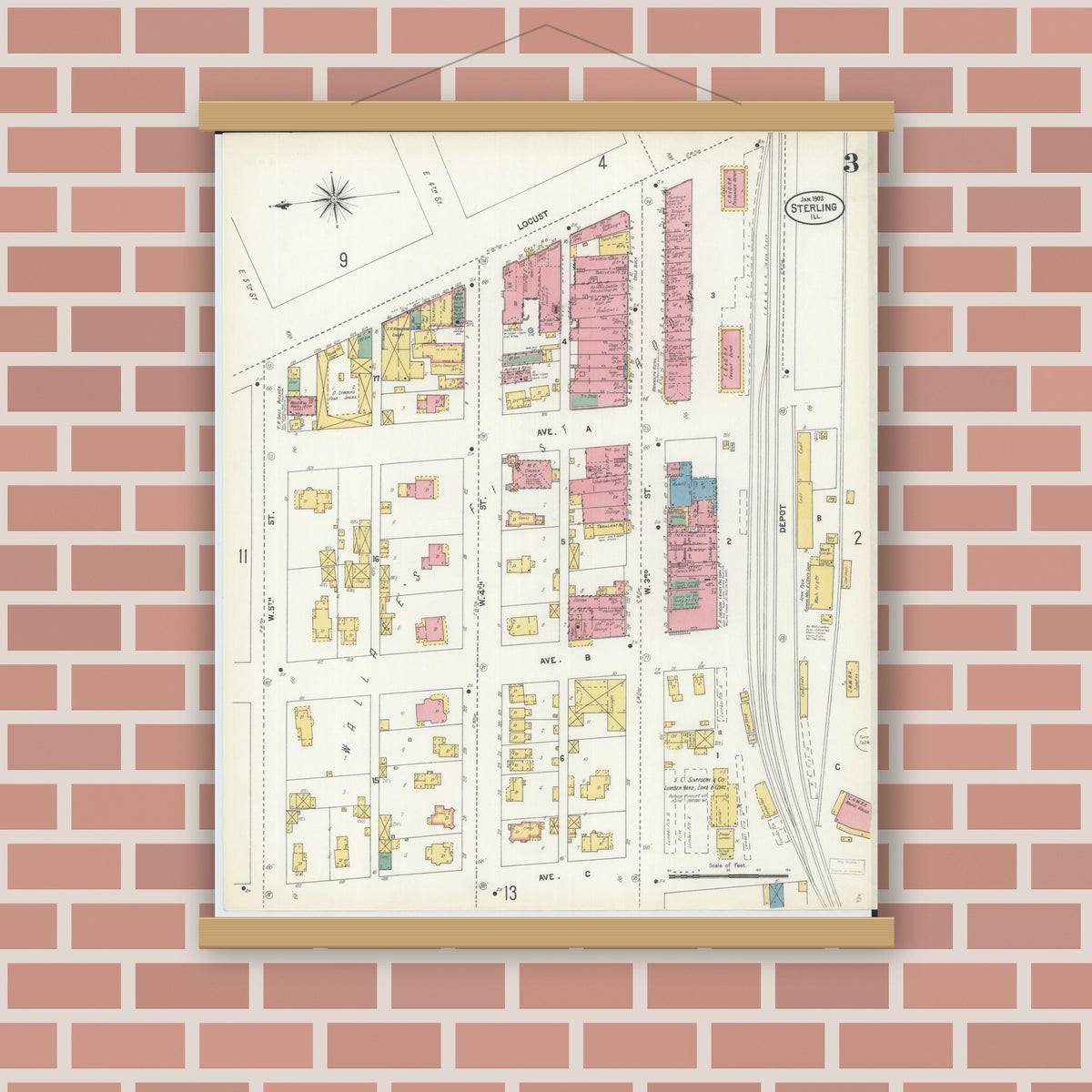 Old map wall art mockup — magnetic wood frame on brick wall — Sanborn Fire Insurance Map from Sterling, Whiteside County, Illinois (1903), Sheet #0003