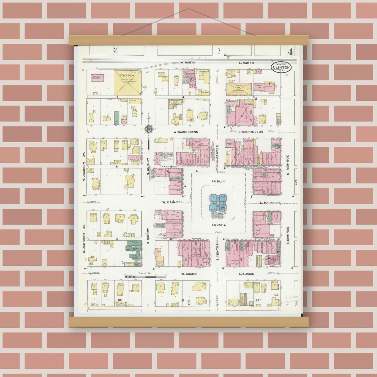 Old map wall art mockup — magnetic wood frame on brick wall — Sanborn Fire Insurance Map from Clinton, De Witt County, Illinois (1910), Sheet #0004