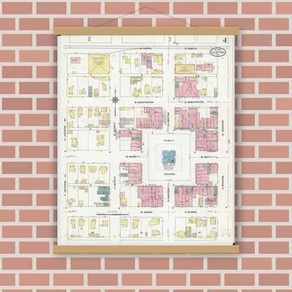 Old map wall art mockup — magnetic wood frame on brick wall — Sanborn Fire Insurance Map from Clinton, De Witt County, Illinois (1910), Sheet #0004