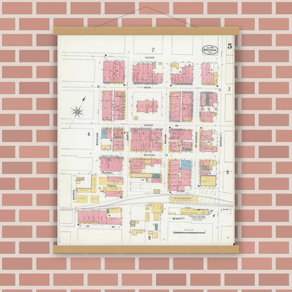 Old map wall art mockup — magnetic wood frame on brick wall — Sanborn Fire Insurance Map from Brenham, Washington County, Texas (1906), Sheet #0005
