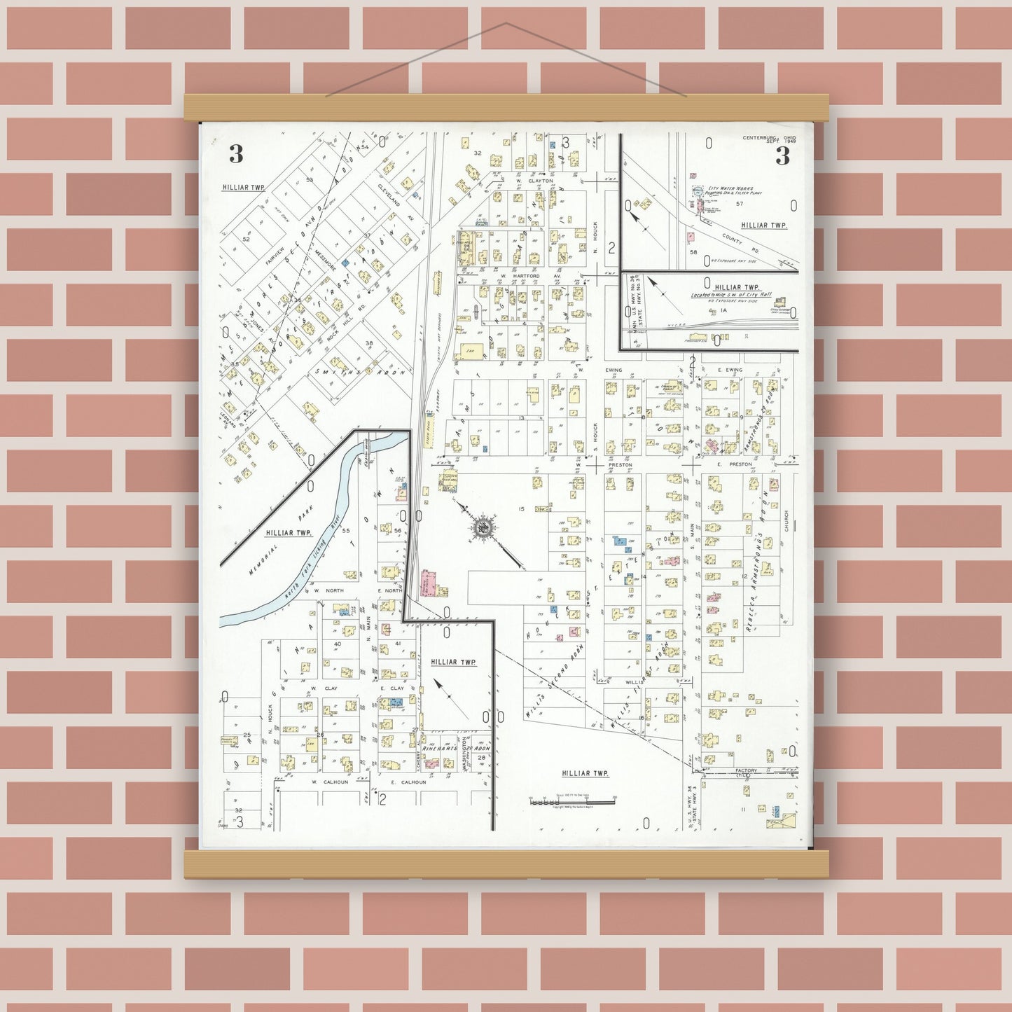 Old map wall art mockup — magnetic wood frame on brick wall — Sanborn Fire Insurance Map from Centerburg, Knox County, Ohio (1949), Sheet #0003