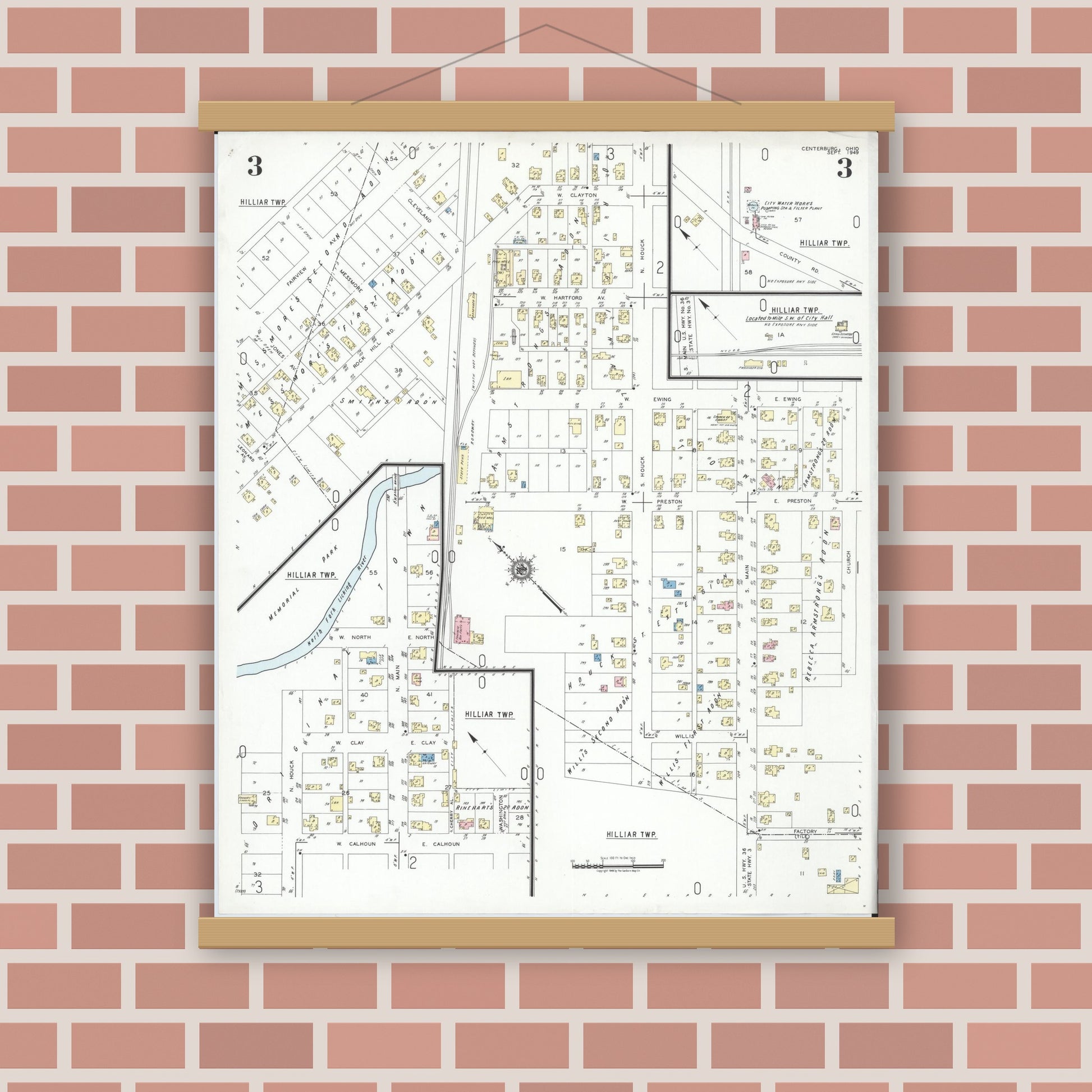 Old map wall art mockup — magnetic wood frame on brick wall — Sanborn Fire Insurance Map from Centerburg, Knox County, Ohio (1949), Sheet #0003