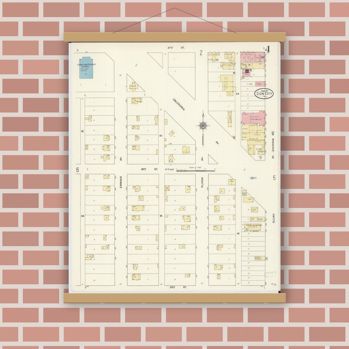 Old map wall art mockup — magnetic wood frame on brick wall — Sanborn Fire Insurance Map from Zion, Lake County, Illinois (1911), Sheet #0004