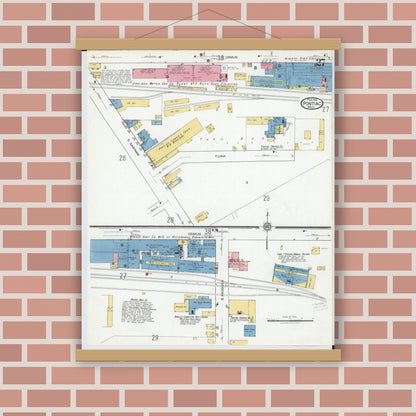 Old map wall art mockup — magnetic wood frame on brick wall — Sanborn Fire Insurance Map from Pontiac, Oakland County, Michigan (1919), Sheet #0027