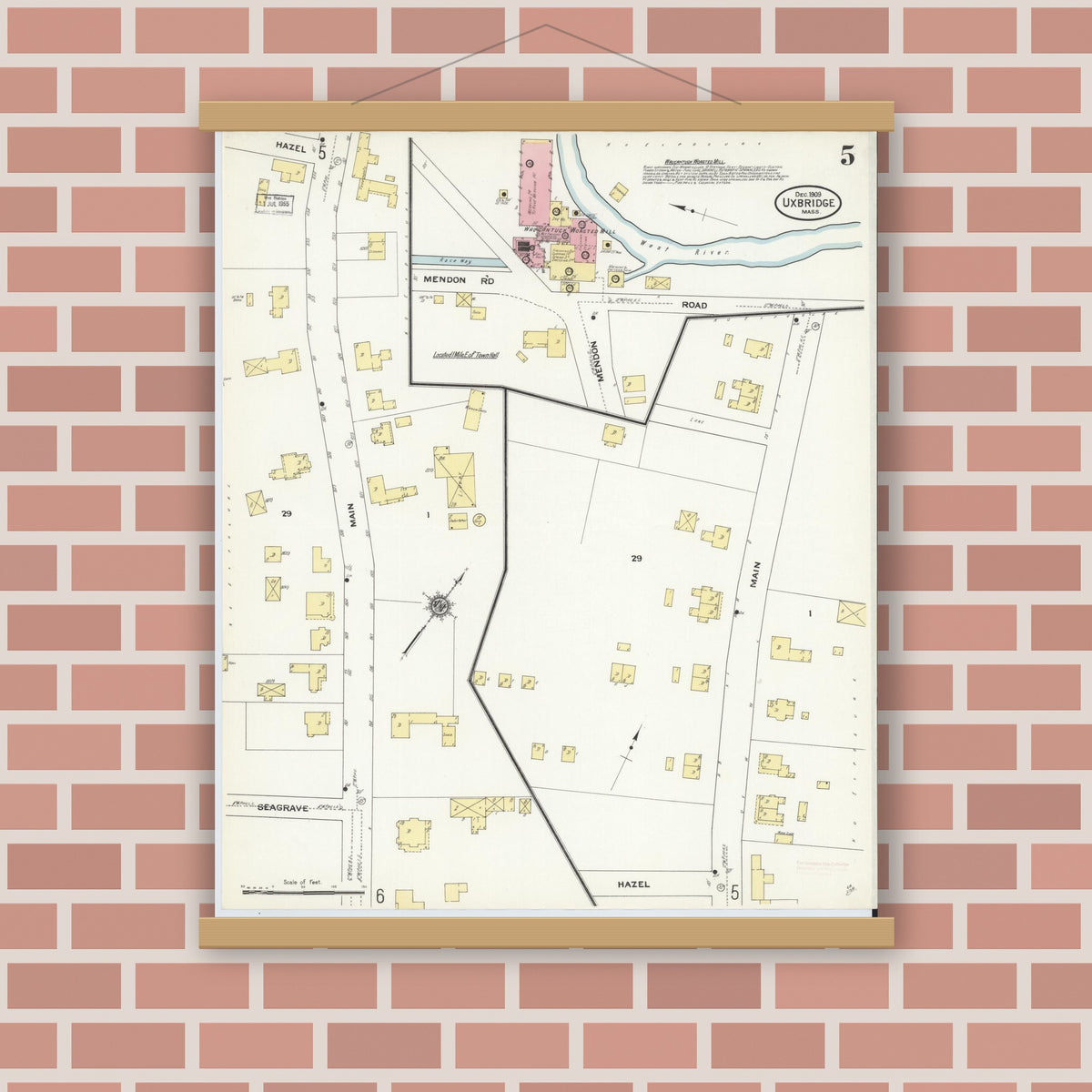 Old map wall art mockup — magnetic wood frame on brick wall — Sanborn Fire Insurance Map from Uxbridge, Worcester County, Massachusetts (1909), Sheet #0005