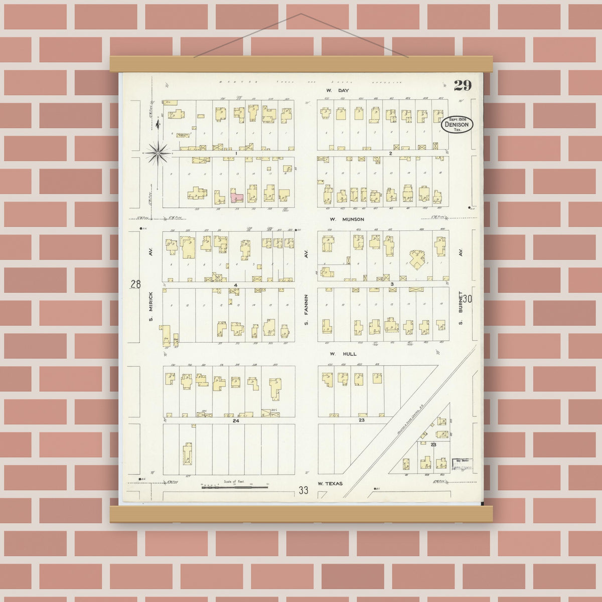 Old map wall art mockup — magnetic wood frame on brick wall — Sanborn Fire Insurance Map from Denison, Grayson County, Texas (1908), Sheet #0029