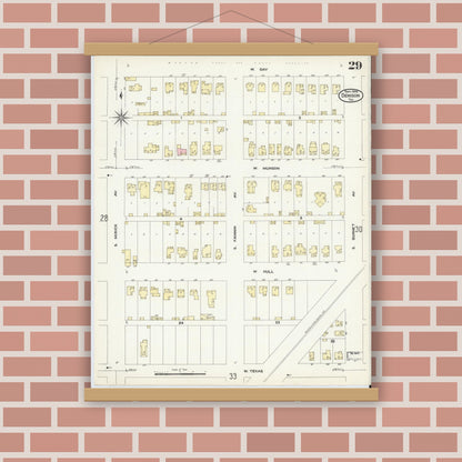Old map wall art mockup — magnetic wood frame on brick wall — Sanborn Fire Insurance Map from Denison, Grayson County, Texas (1908), Sheet #0029