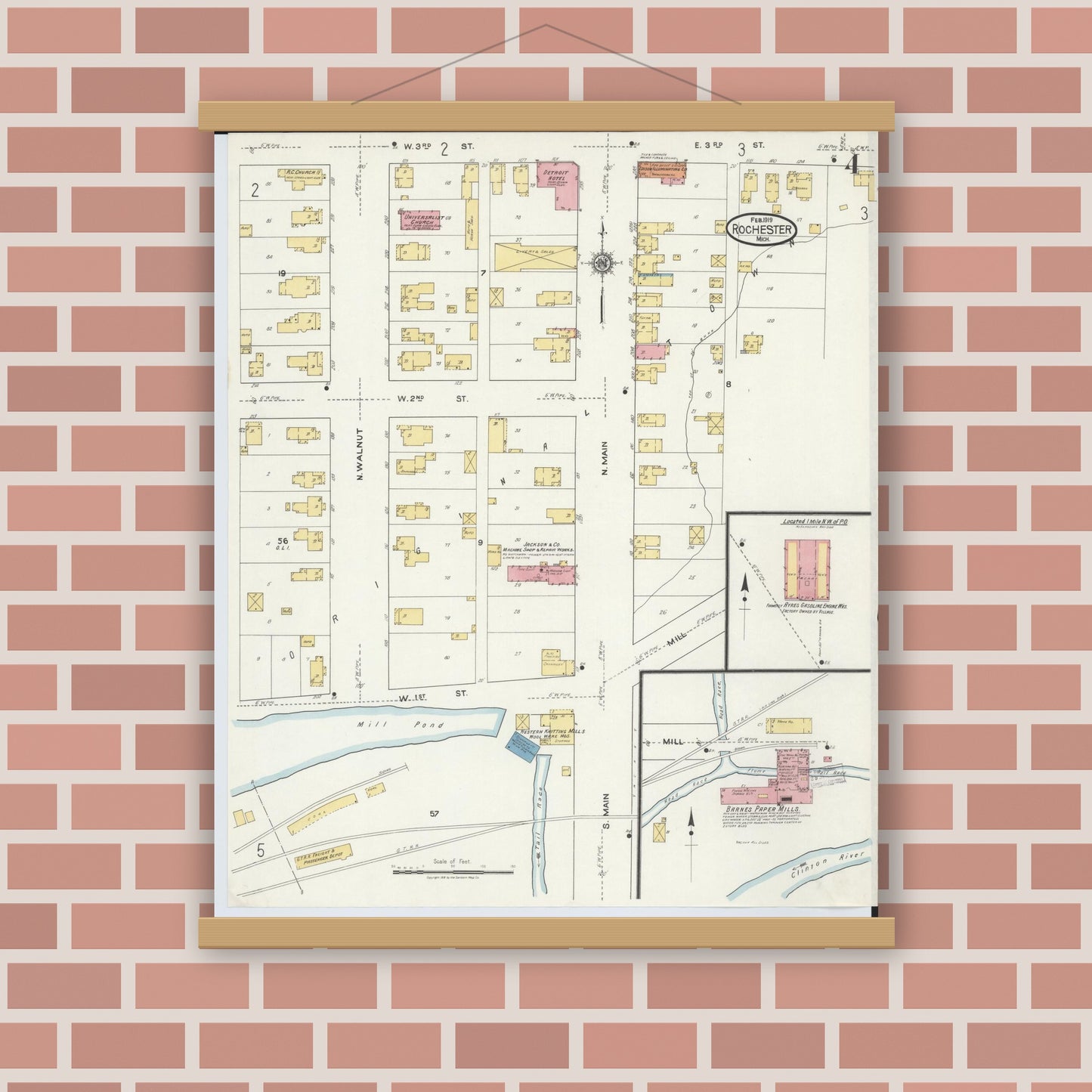 Old map wall art mockup — magnetic wood frame on brick wall — Sanborn Fire Insurance Map from Rochester, Oakland County, Michigan (1919), Sheet #0004