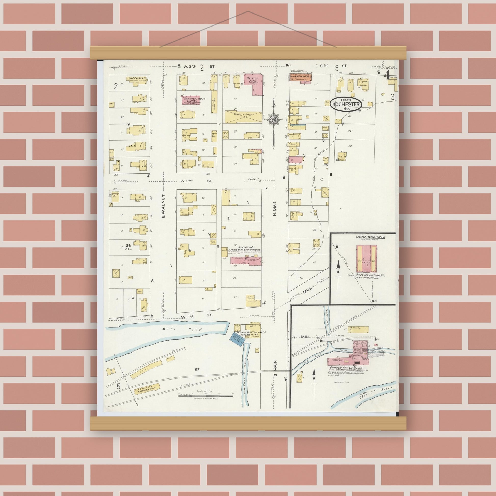 Old map wall art mockup — magnetic wood frame on brick wall — Sanborn Fire Insurance Map from Rochester, Oakland County, Michigan (1919), Sheet #0004