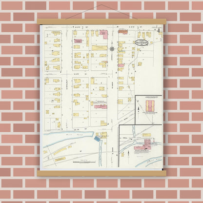 Old map wall art mockup — magnetic wood frame on brick wall — Sanborn Fire Insurance Map from Rochester, Oakland County, Michigan (1919), Sheet #0004