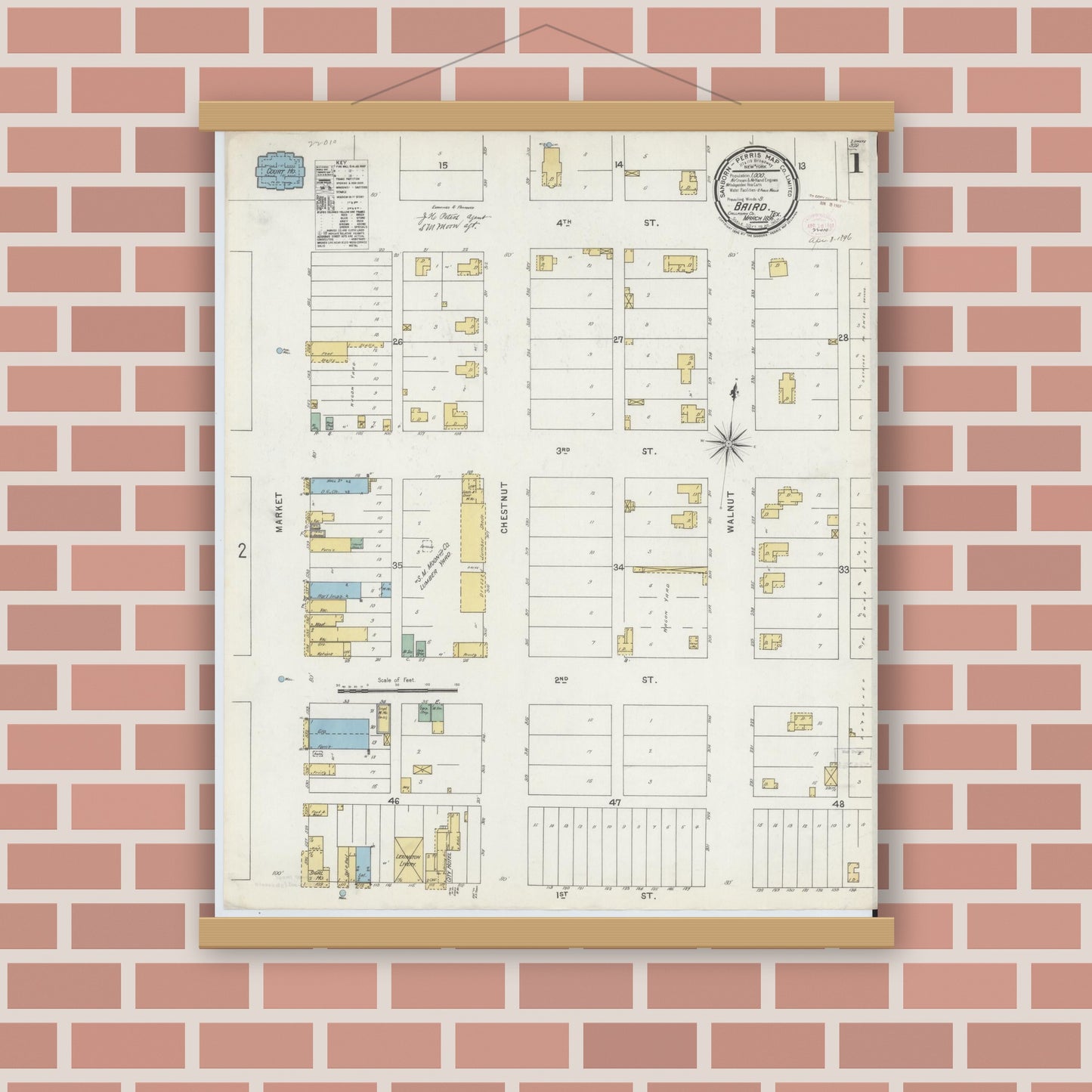 Old map wall art mockup — magnetic wood frame on brick wall — Sanborn Fire Insurance Map from Baird, Callahan County, Texas (1896) - Complete Map Set