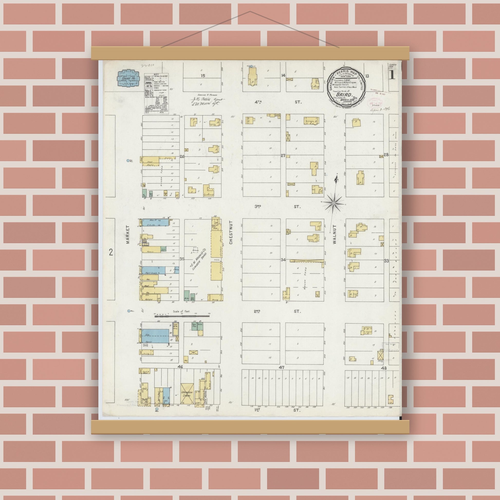 Old map wall art mockup — magnetic wood frame on brick wall — Sanborn Fire Insurance Map from Baird, Callahan County, Texas (1896) - Complete Map Set