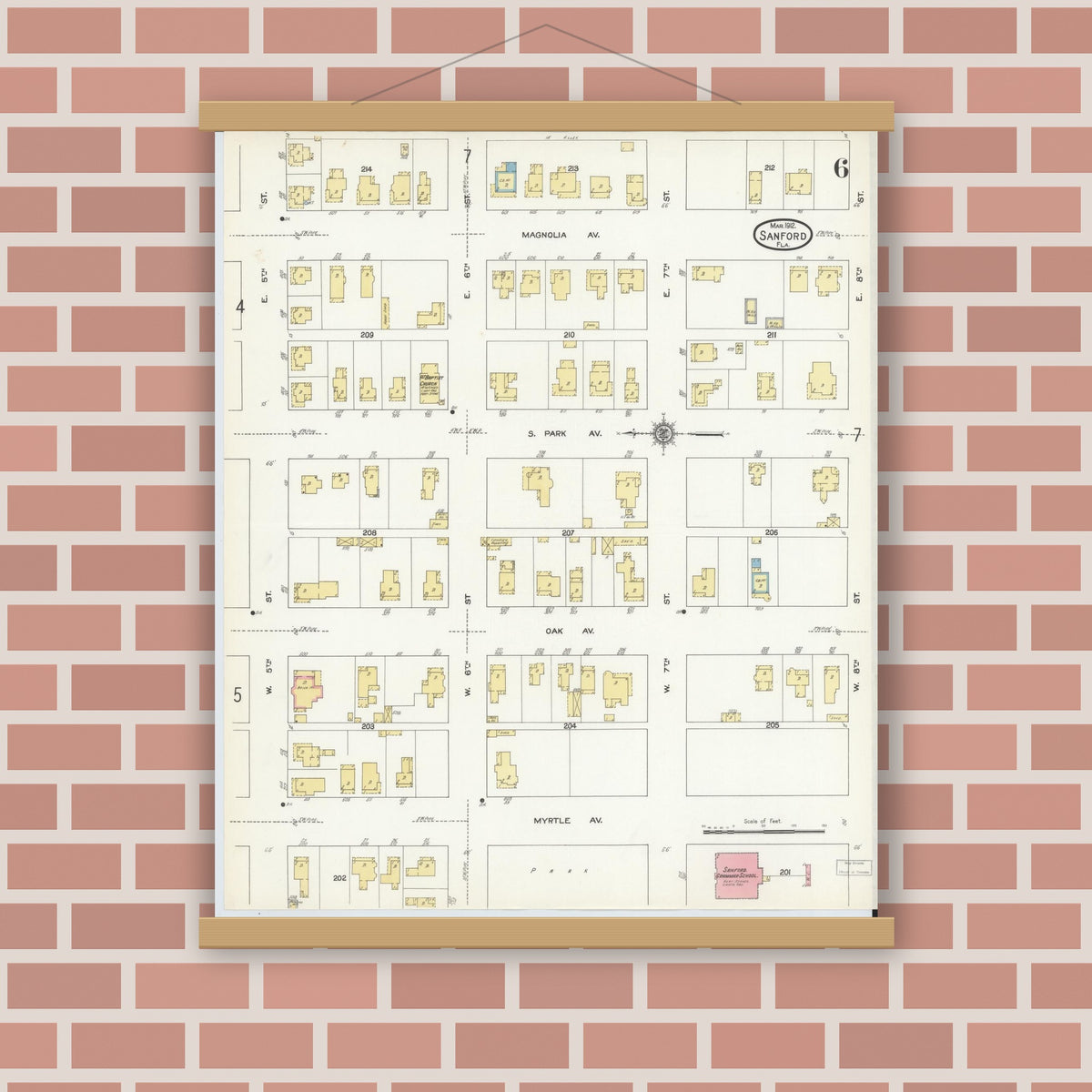 Old map wall art mockup — magnetic wood frame on brick wall — Sanborn Fire Insurance Map from Sanford, Seminole County, Florida (1912), Sheet #0006