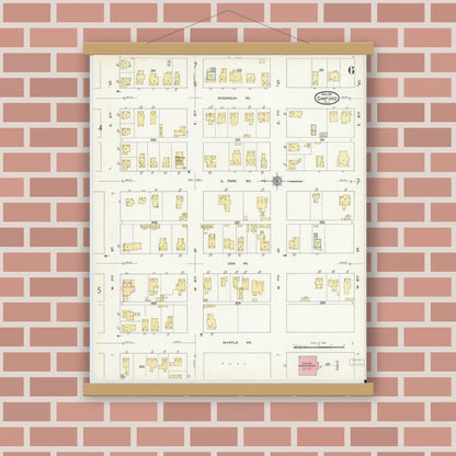 Old map wall art mockup — magnetic wood frame on brick wall — Sanborn Fire Insurance Map from Sanford, Seminole County, Florida (1912), Sheet #0006