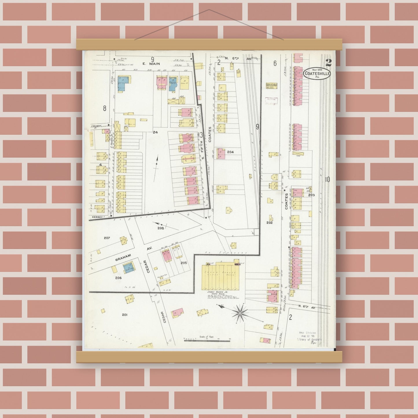 Old map wall art mockup — magnetic wood frame on brick wall — Sanborn Fire Insurance Map from Coatesville, Chester County, Pennsylvania (1909), Sheet #0002