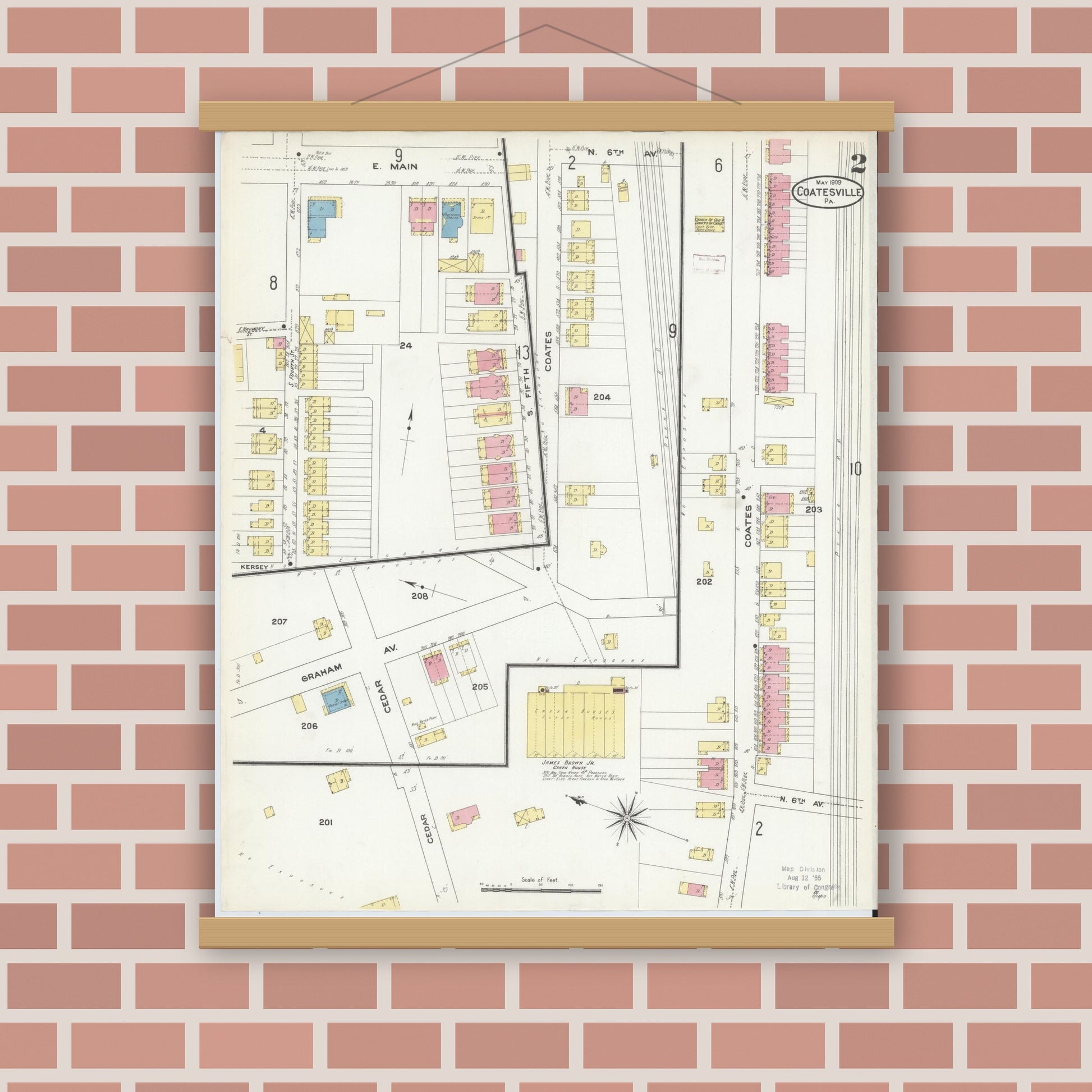 Old map wall art mockup — magnetic wood frame on brick wall — Sanborn Fire Insurance Map from Coatesville, Chester County, Pennsylvania (1909), Sheet #0002