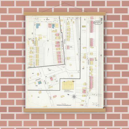 Old map wall art mockup — magnetic wood frame on brick wall — Sanborn Fire Insurance Map from Coatesville, Chester County, Pennsylvania (1909), Sheet #0002