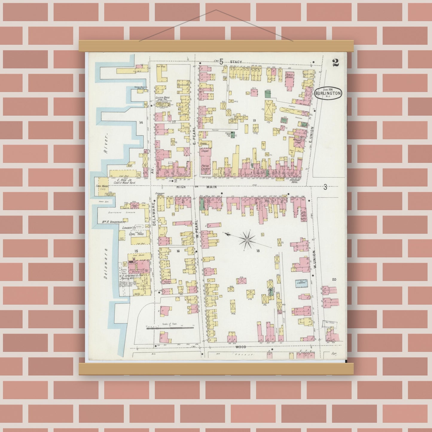 Old map wall art mockup — magnetic wood frame on brick wall — Sanborn Fire Insurance Map from Burlington, Burlington County, New Jersey (1896), Sheet #0002