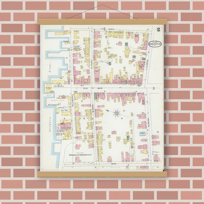 Old map wall art mockup — magnetic wood frame on brick wall — Sanborn Fire Insurance Map from Burlington, Burlington County, New Jersey (1896), Sheet #0002