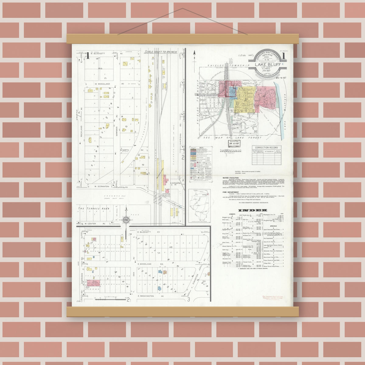 Old map wall art mockup — magnetic wood frame on brick wall — Sanborn Fire Insurance Map from Lake Bluff, Lake County, Illinois (1937), Sheet #0001