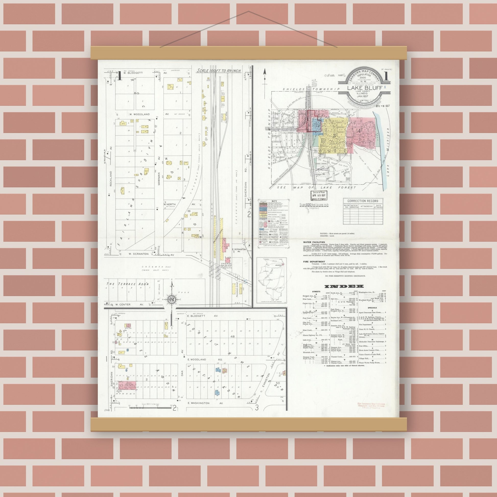 Old map wall art mockup — magnetic wood frame on brick wall — Sanborn Fire Insurance Map from Lake Bluff, Lake County, Illinois (1937), Sheet #0001