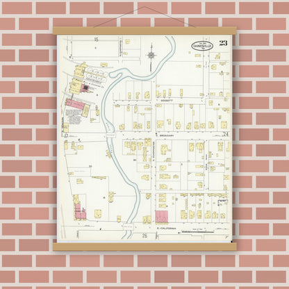 Old map wall art mockup — magnetic wood frame on brick wall — Sanborn Fire Insurance Map from Gainesville, Cooke County, Texas (1913), Sheet #0023
