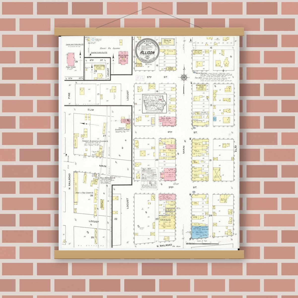 Old map wall art mockup — magnetic wood frame on brick wall — Sanborn Fire Insurance Map from Allison, Butler County, Iowa (1915), Sheet #0001