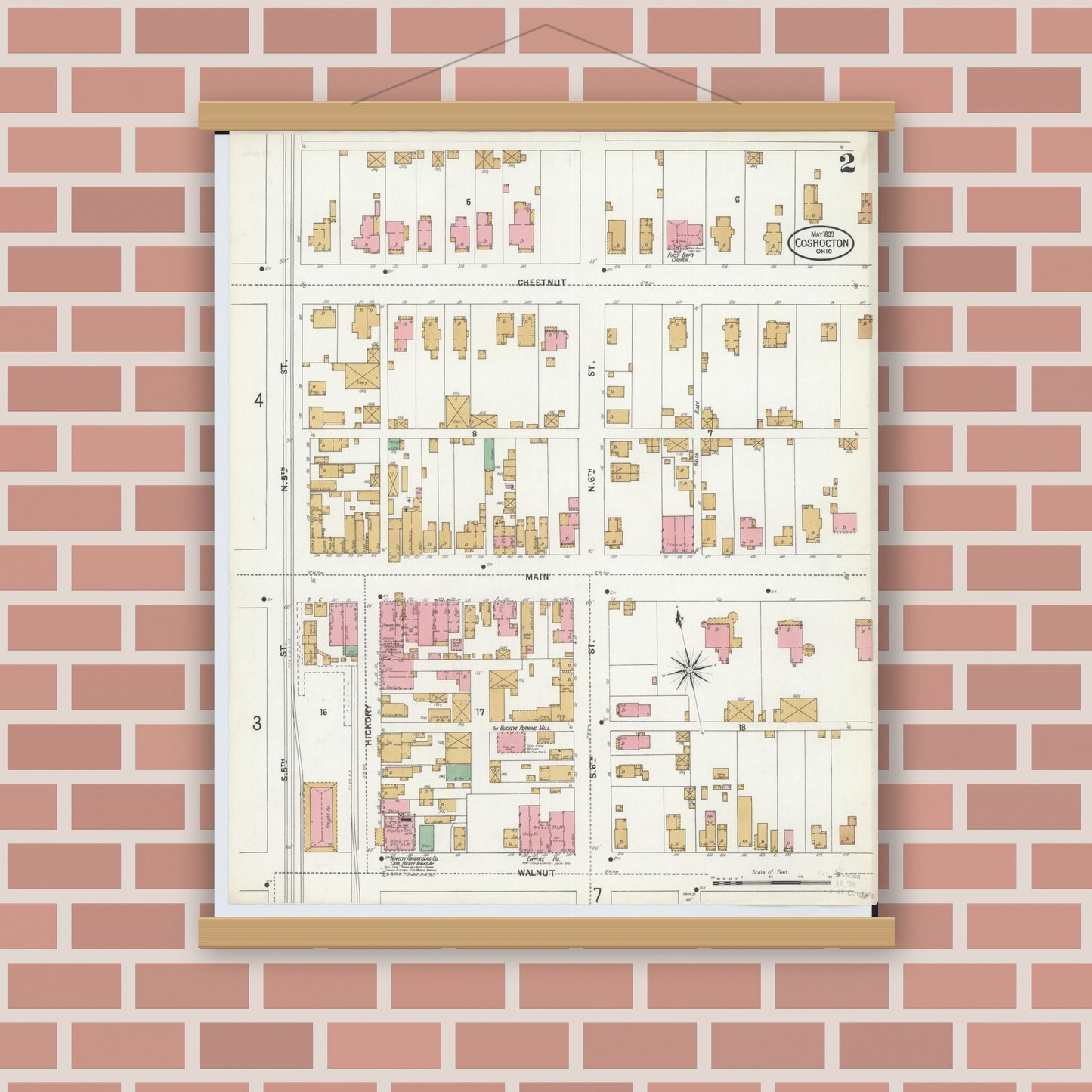 Old map wall art mockup — magnetic wood frame on brick wall — Sanborn Fire Insurance Map from Coshocton, Coshocton County, Ohio (1899), Sheet #0002