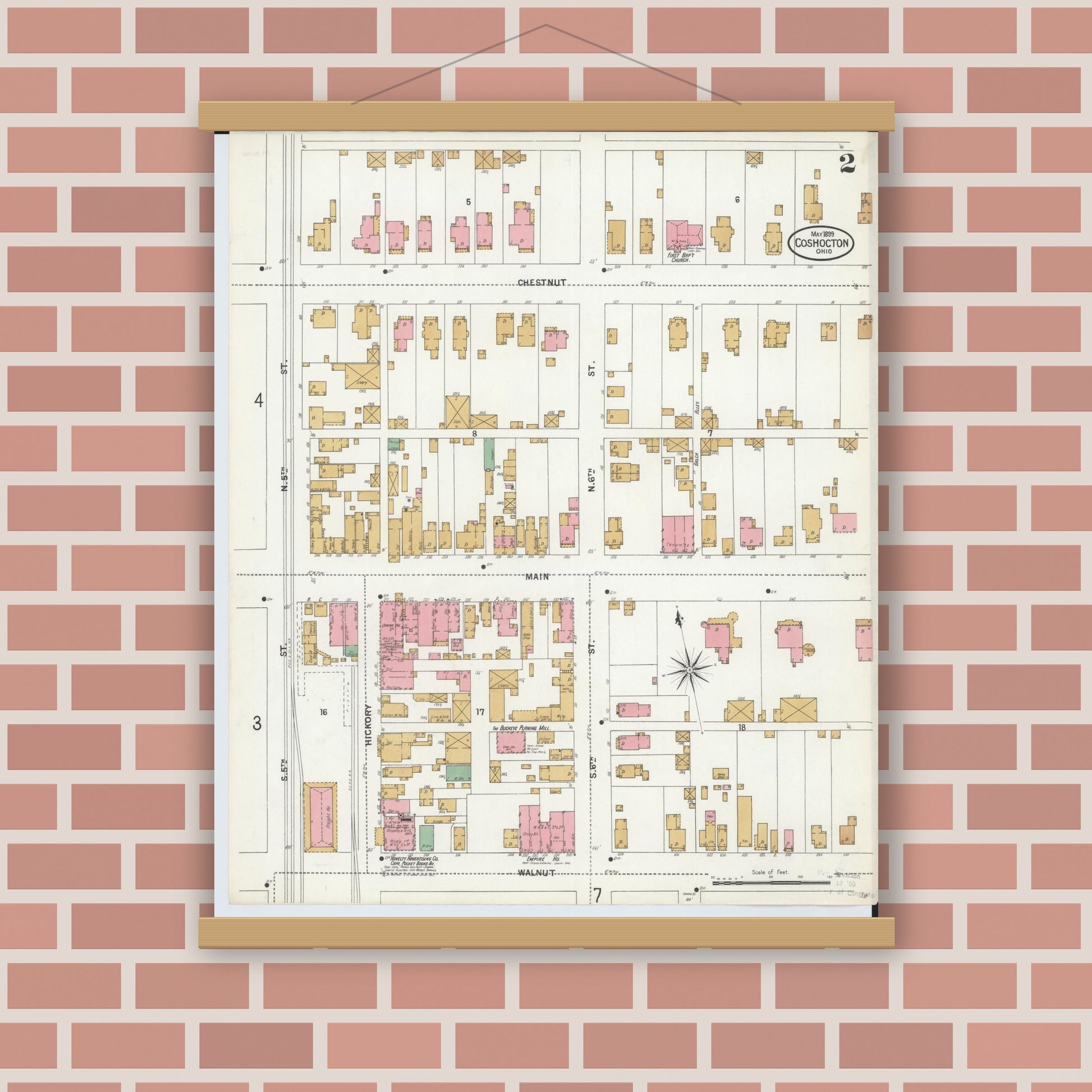 Old map wall art mockup — magnetic wood frame on brick wall — Sanborn Fire Insurance Map from Coshocton, Coshocton County, Ohio (1899), Sheet #0002