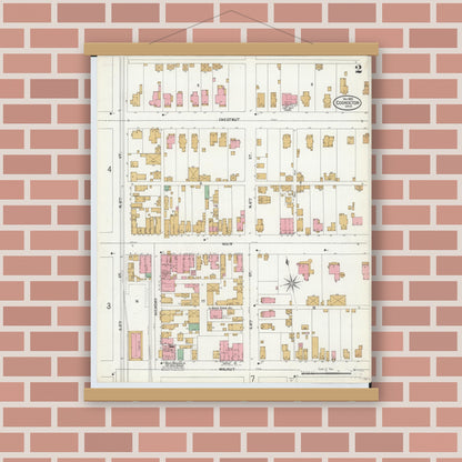 Old map wall art mockup — magnetic wood frame on brick wall — Sanborn Fire Insurance Map from Coshocton, Coshocton County, Ohio (1899), Sheet #0002