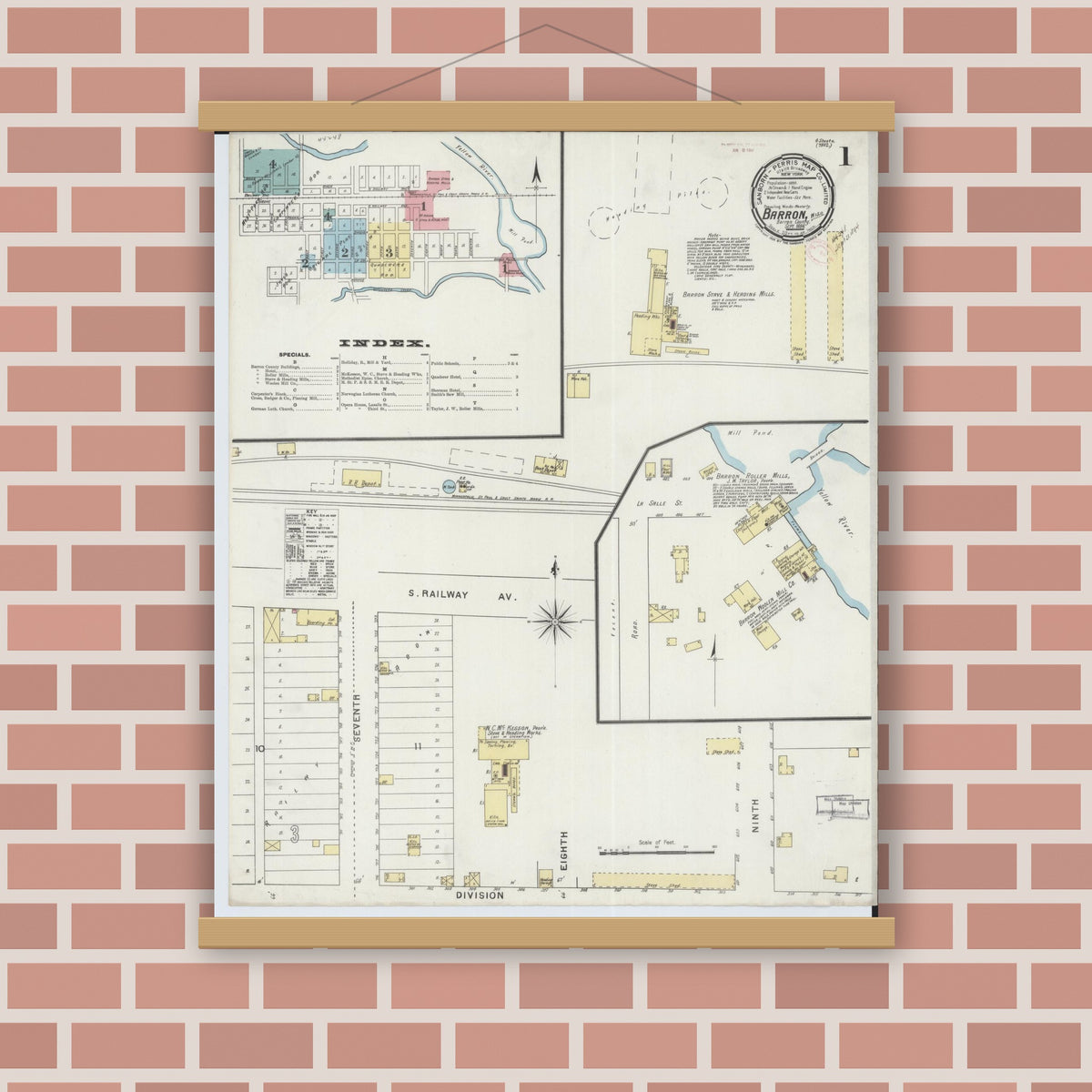 Old map wall art mockup — magnetic wood frame on brick wall — Sanborn Fire Insurance Map from Barron, Barron County, Wisconsin (1894) - Complete Map Set