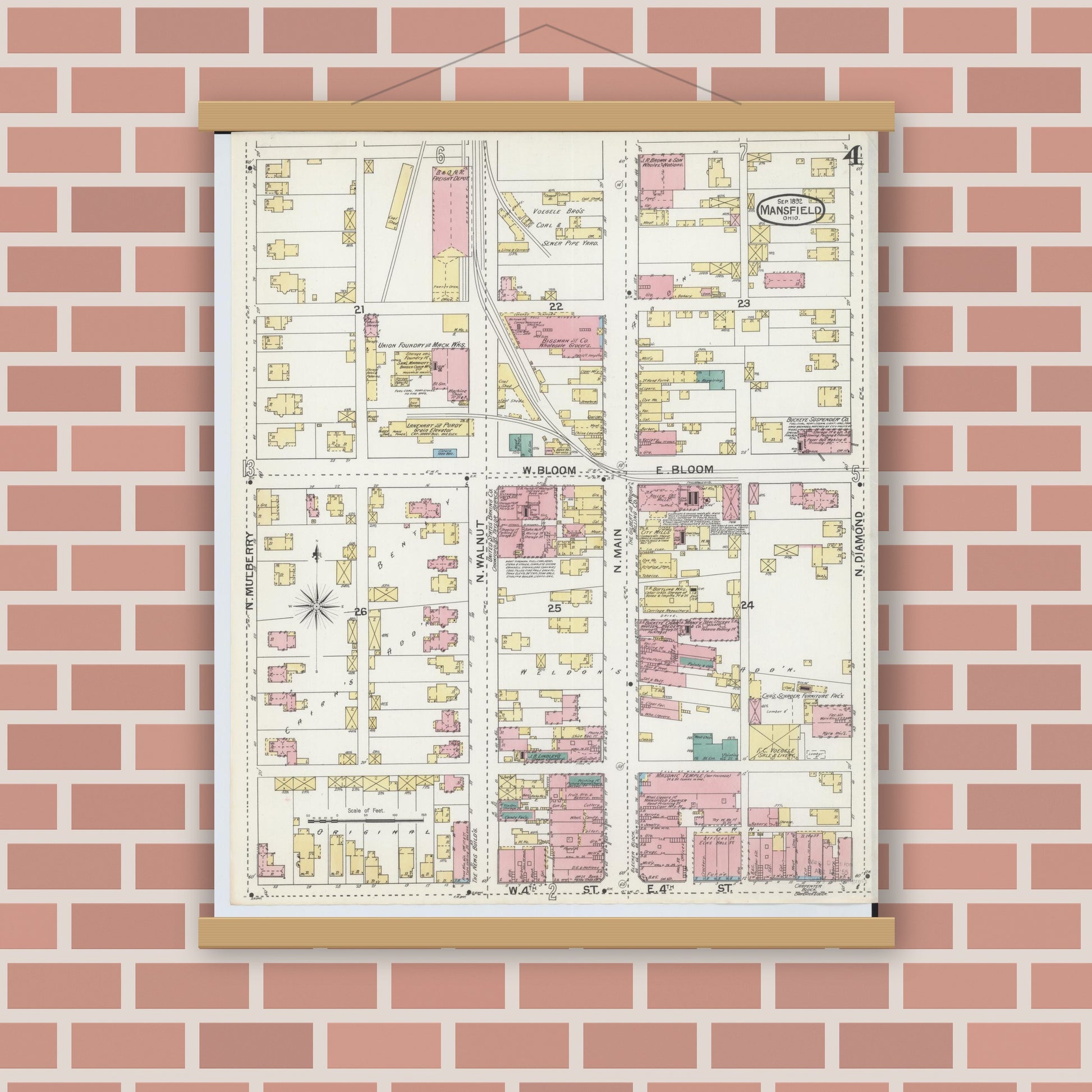 Old map wall art mockup — magnetic wood frame on brick wall — Sanborn Fire Insurance Map from Mansfield, Richland County, Ohio (1892), Sheet #0004