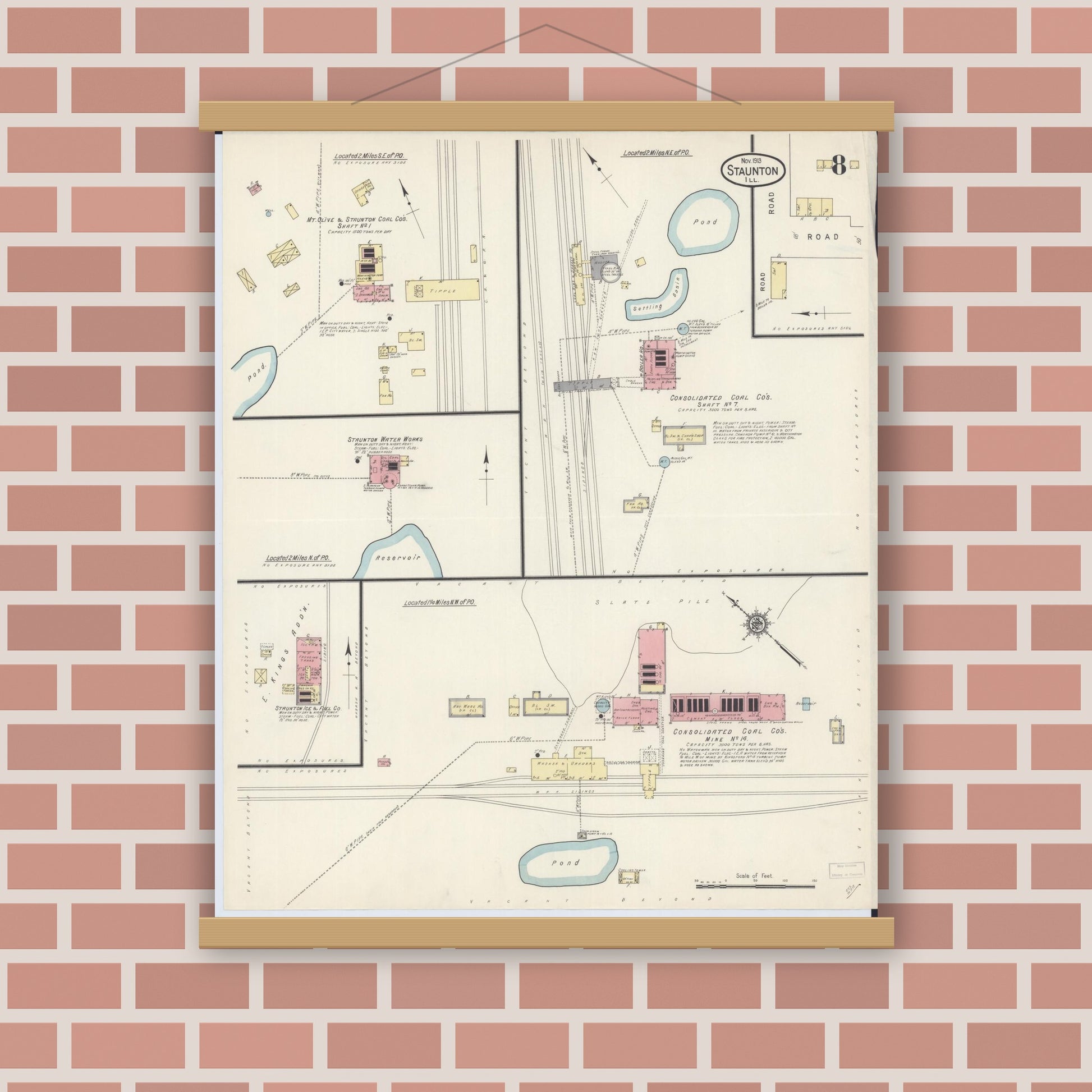 Old map wall art mockup — magnetic wood frame on brick wall — Sanborn Fire Insurance Map from Staunton, Macoupin County, Illinois (1913), Sheet #0008