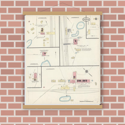 Old map wall art mockup — magnetic wood frame on brick wall — Sanborn Fire Insurance Map from Staunton, Macoupin County, Illinois (1913), Sheet #0008