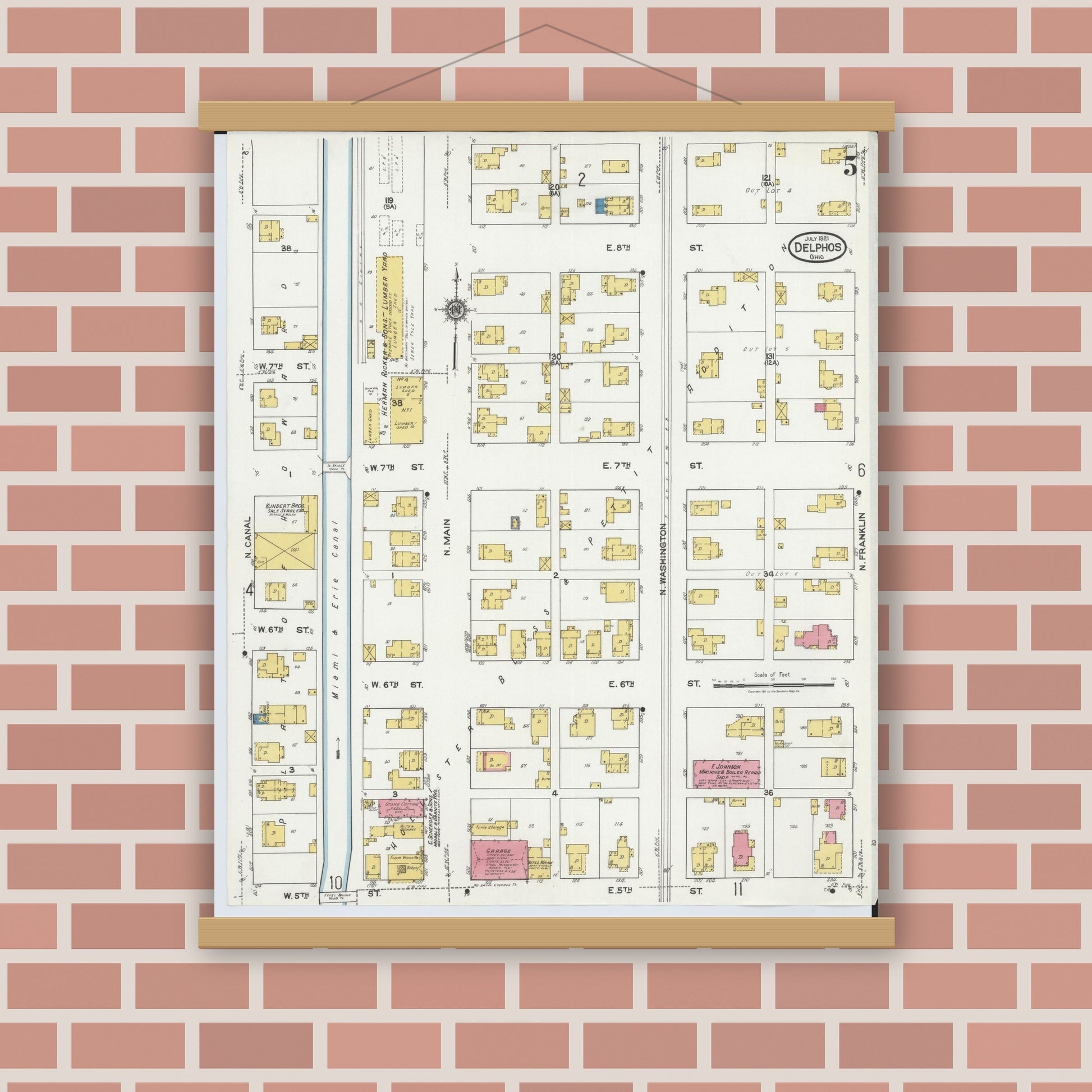 Old map wall art mockup — magnetic wood frame on brick wall — Sanborn Fire Insurance Map from Delphos, Van Wert And Allen Counties, Ohio (1921), Sheet #0005