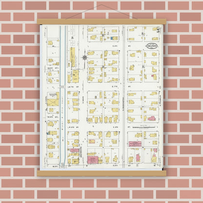 Old map wall art mockup — magnetic wood frame on brick wall — Sanborn Fire Insurance Map from Delphos, Van Wert And Allen Counties, Ohio (1921), Sheet #0005