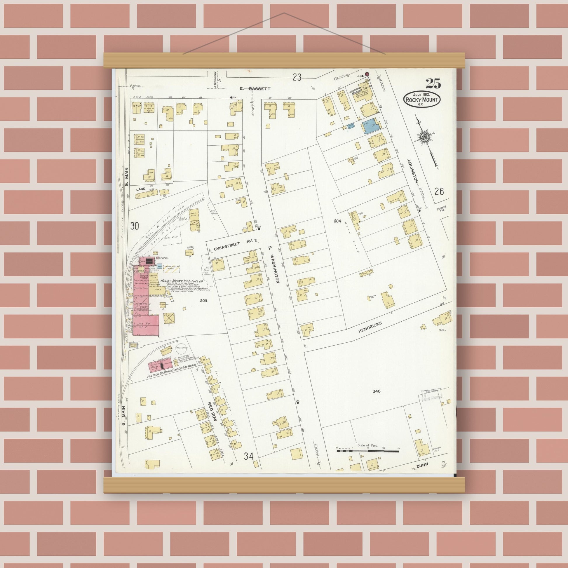 Old map wall art mockup — magnetic wood frame on brick wall — Sanborn Fire Insurance Map from Rocky Mount, Edgecombe And Nash Counties, North Carolina (1912), Sheet #0025