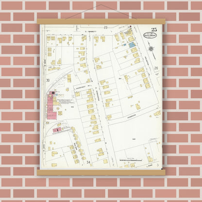 Old map wall art mockup — magnetic wood frame on brick wall — Sanborn Fire Insurance Map from Rocky Mount, Edgecombe And Nash Counties, North Carolina (1912), Sheet #0025
