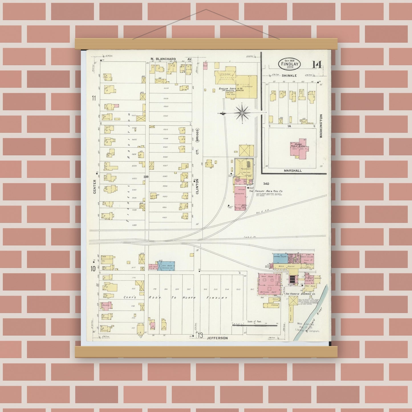 Old map wall art mockup — magnetic wood frame on brick wall — Sanborn Fire Insurance Map from Findlay, Hancock County, Ohio (1908), Sheet #0014