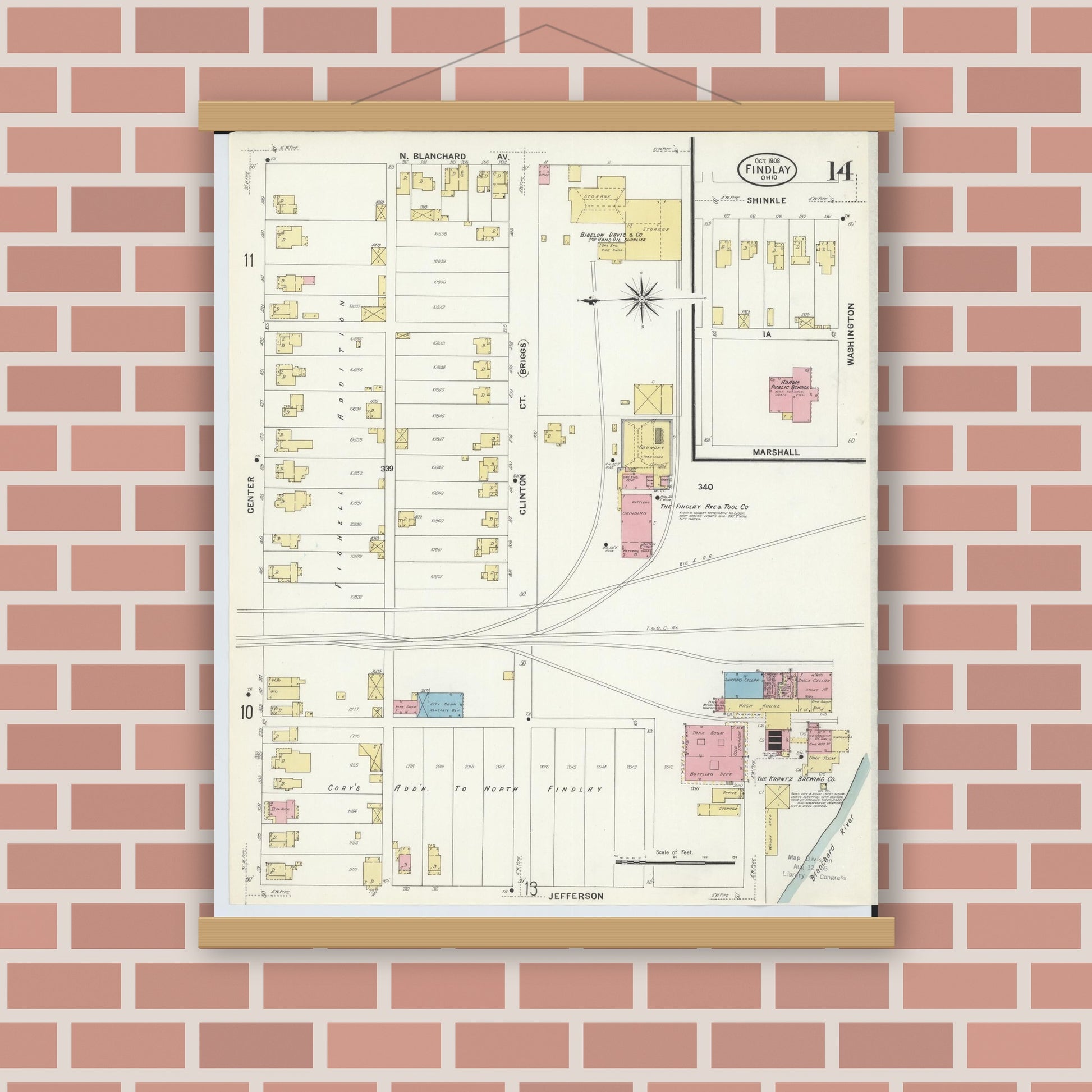 Old map wall art mockup — magnetic wood frame on brick wall — Sanborn Fire Insurance Map from Findlay, Hancock County, Ohio (1908), Sheet #0014