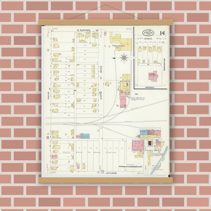 Old map wall art mockup — magnetic wood frame on brick wall — Sanborn Fire Insurance Map from Findlay, Hancock County, Ohio (1908), Sheet #0014