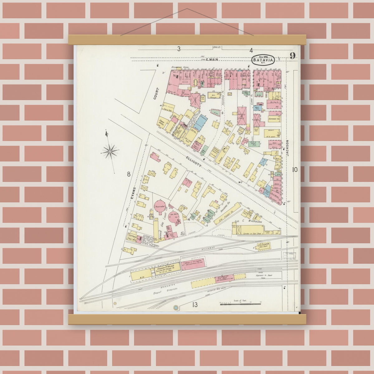 Old map wall art mockup — magnetic wood frame on brick wall — Sanborn Fire Insurance Map from Batavia, Genesee County, New York (1896), Sheet #0009