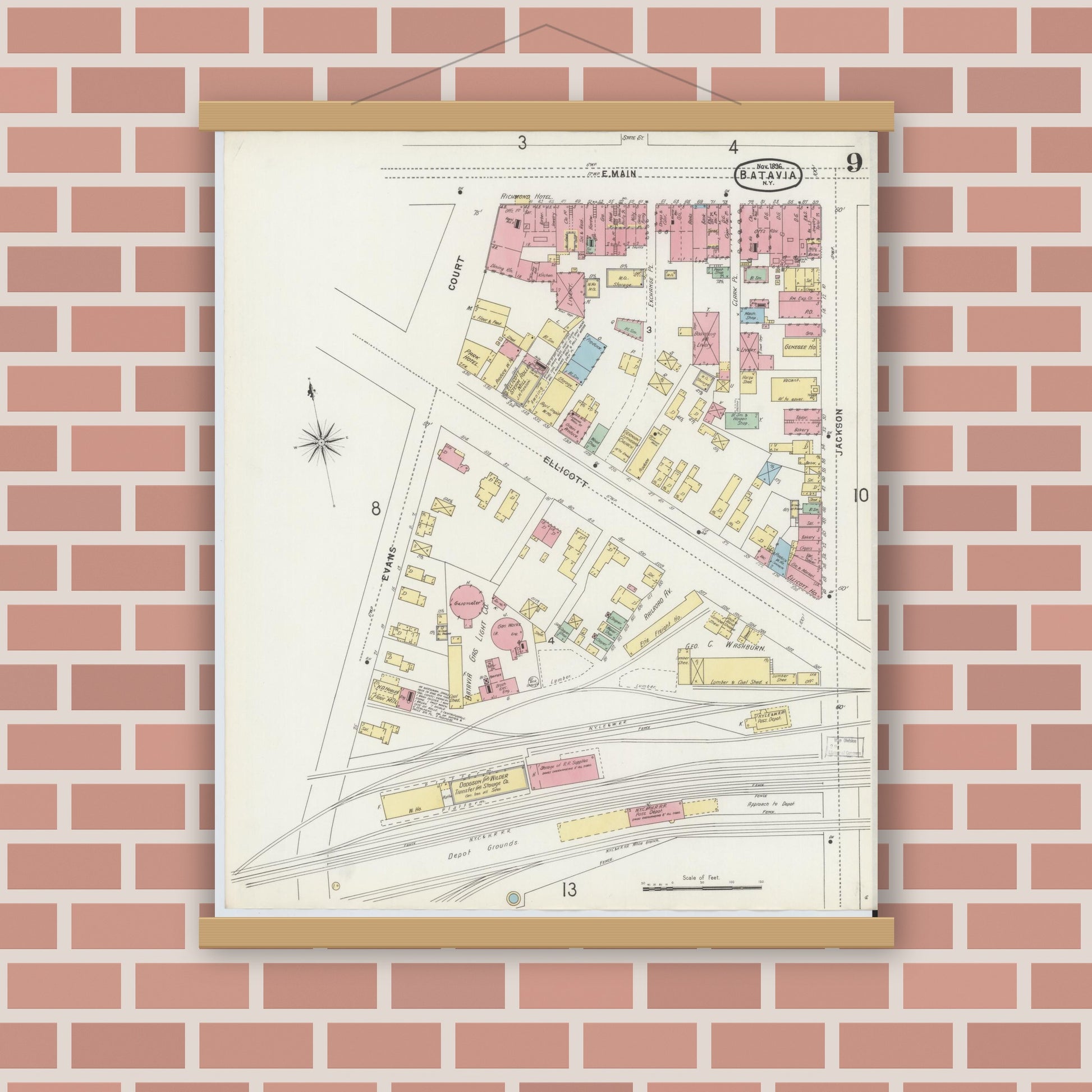 Old map wall art mockup — magnetic wood frame on brick wall — Sanborn Fire Insurance Map from Batavia, Genesee County, New York (1896), Sheet #0009